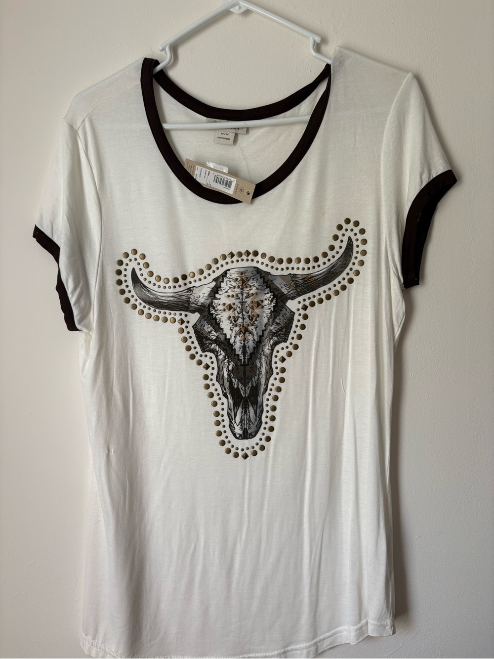 Women's White Ringer Tee with Black Trim and Studded Bull Skull Graphic
